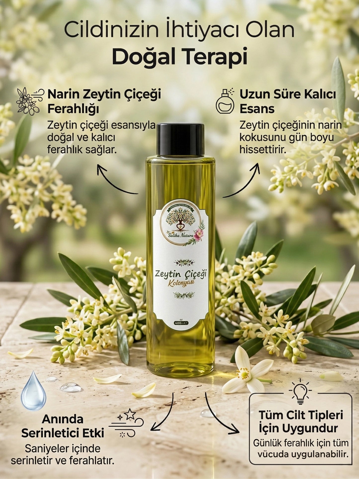 Saliha Natura™ Zeytin Çiçeği Kolonyası - 400 mL (Tazeleyici Esinti)