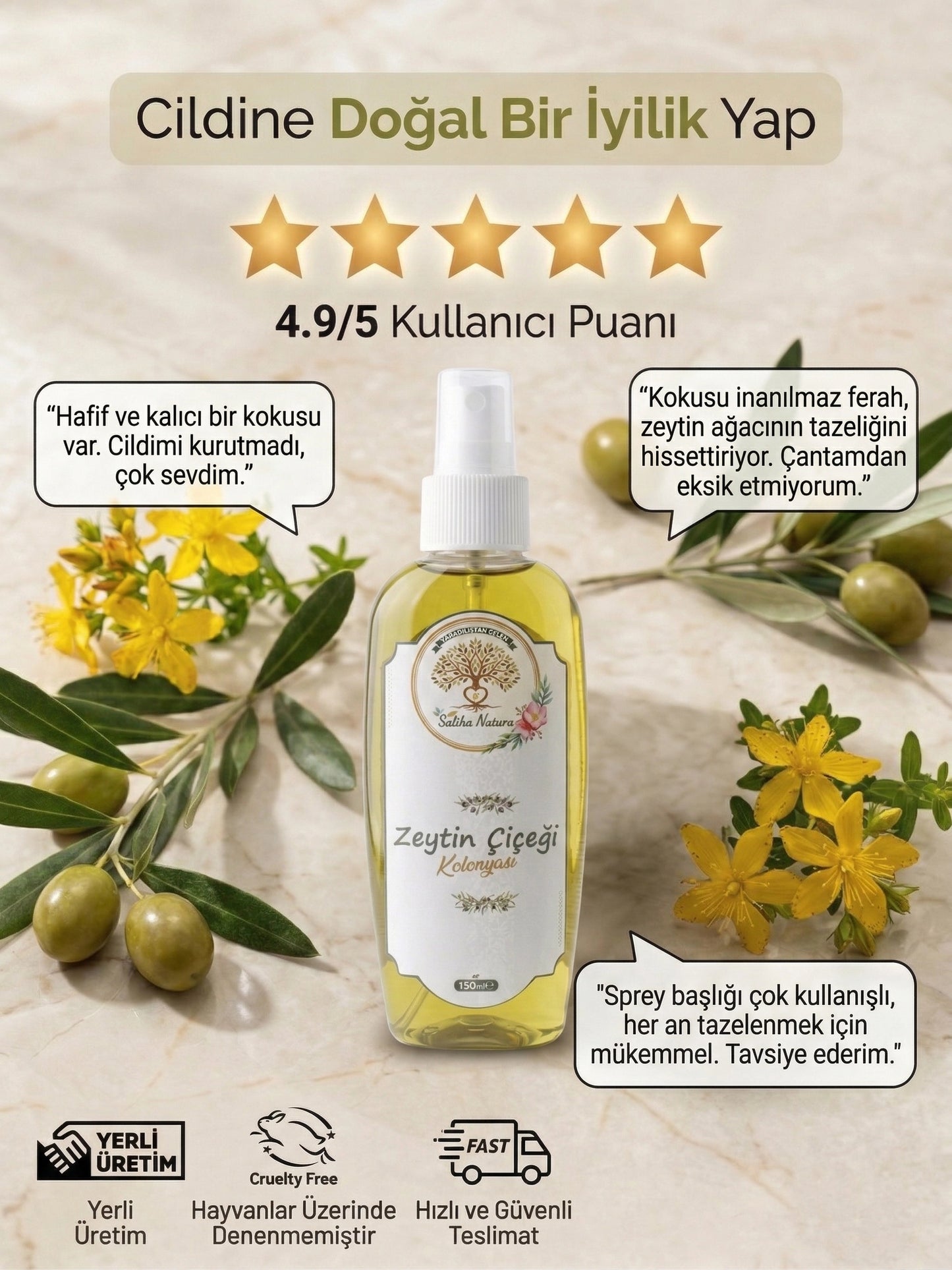 Saliha Natura™ Zeytin Çiçeği Kolonyası - 150 mL (Tazeleyici Esinti)