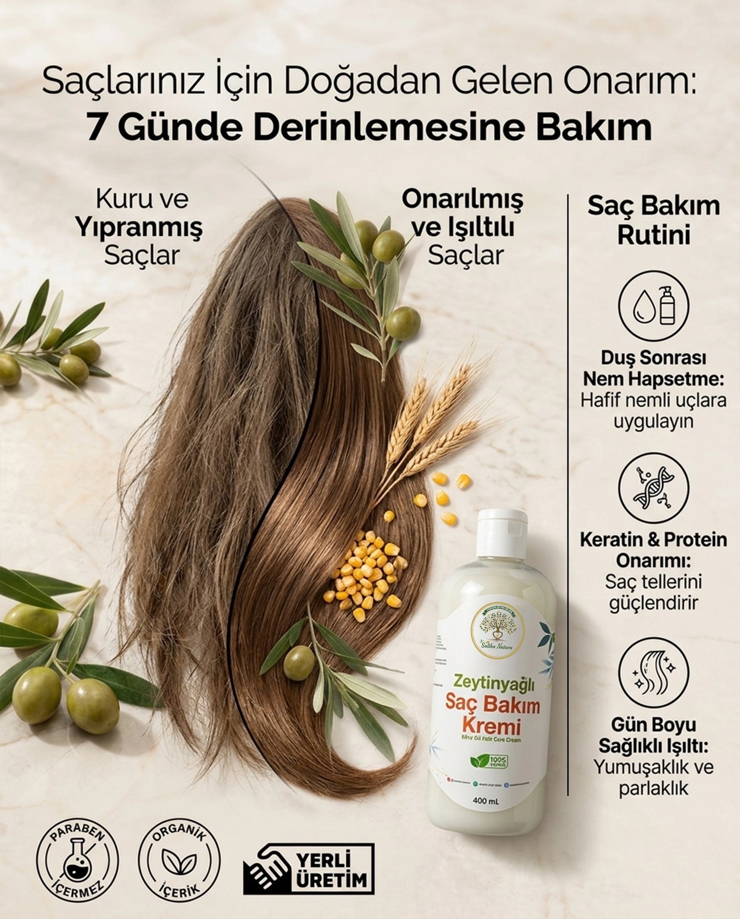 Saliha Natura™ Zeytinyağlı Saç Bakım Kremi - 400 mL (Onarıcı ve Güçlendirici)