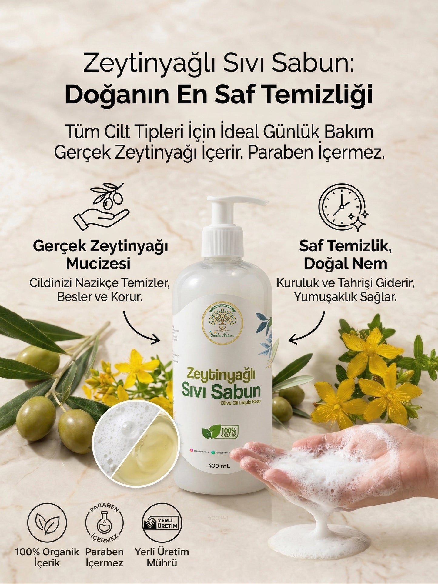 Saliha Natura™ Zeytinyağlı Sıvı Sabun - 400 mL (Doğal Nemlendirici Etkili)