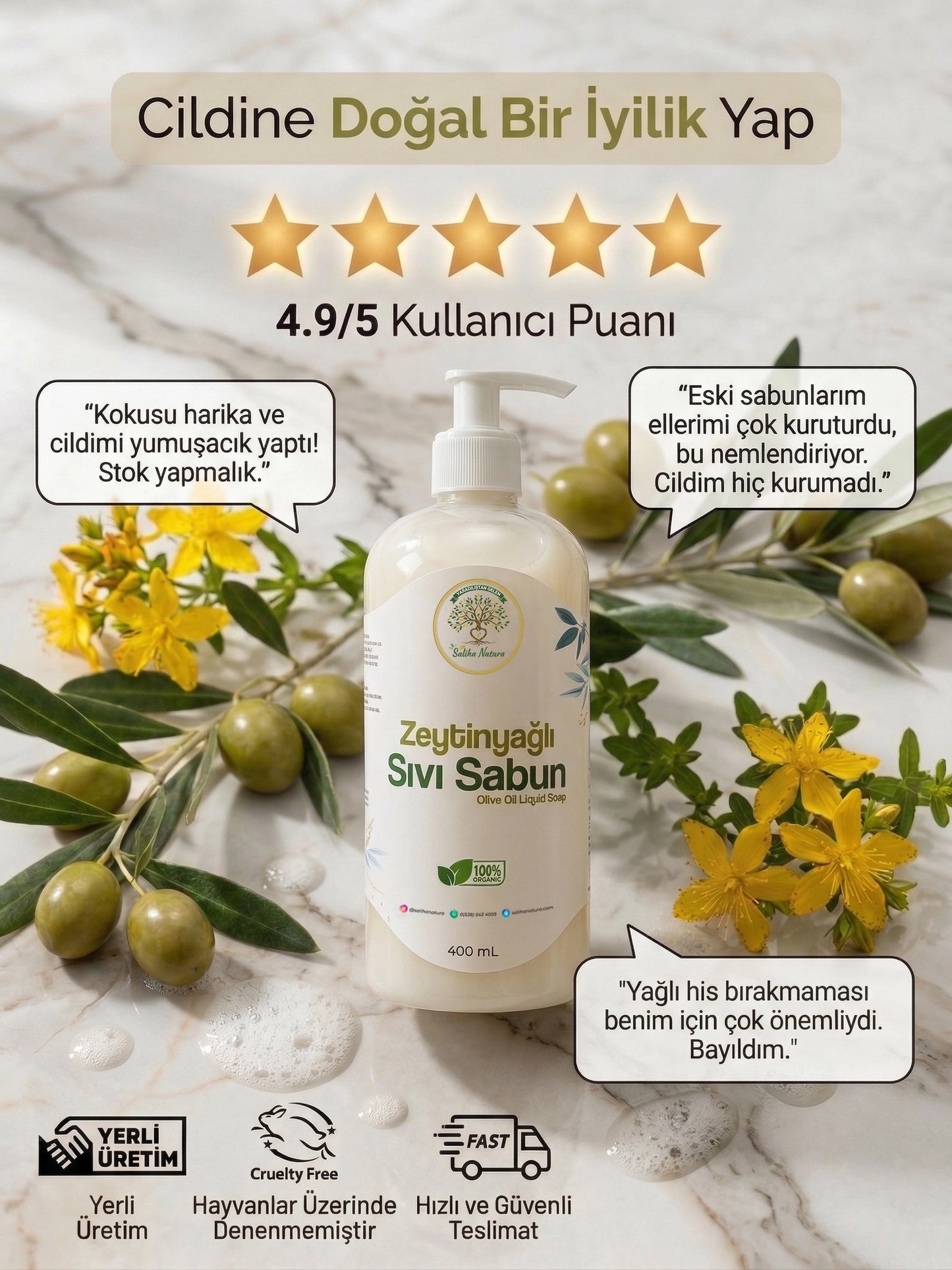 Saliha Natura™ Zeytinyağlı Sıvı Sabun - 400 mL (Doğal Nemlendirici Etkili)