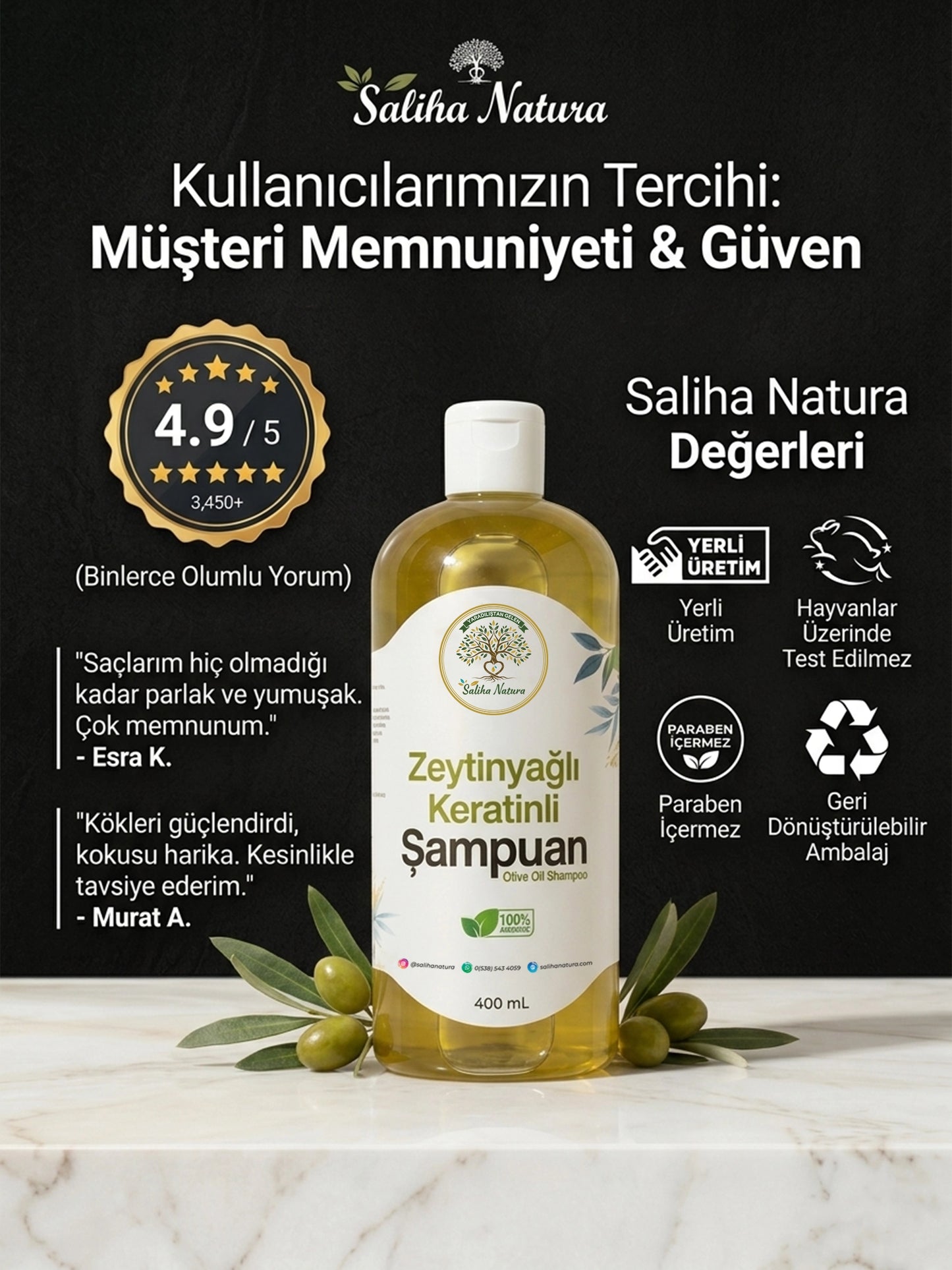 Saliha Natura™ Zeytinyağlı ve Keratinli Şampuan - 400 mL (Onarıcı ve Güçlendirici)