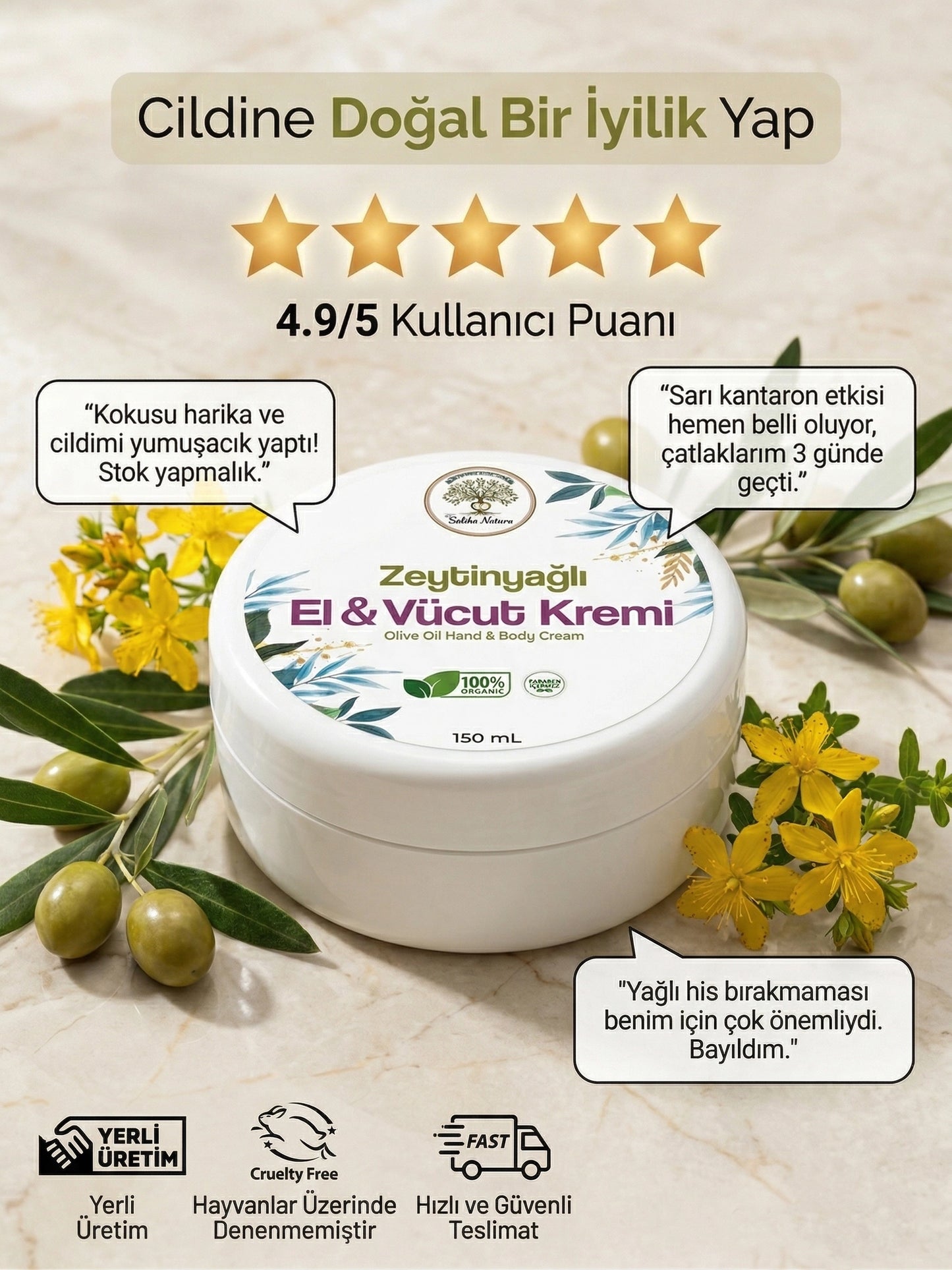 Saliha Natura™ Zeytinyağlı & Sarı Kantaron Özlü El ve Vücut Kremi 150 mL